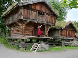 Oslo, Bygdoy, Folk museum, woman wearing a traditional costume, using a traditional musical instrument Stock Footage