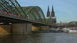 Rhine River,Hohenzollern Bridge with Cologne Cathedral, Cologne, North Rhine-Westphalia, Germany Stock Footage