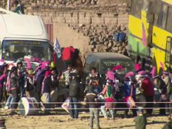 Mid of traditional drummers at spring festival, Cala Cala, Bolivia Stock Footage