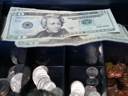 USA Twenty Dollar Bills into Cash Box Stock Footage