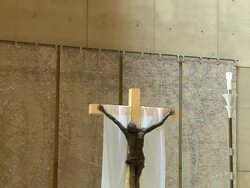 WS ZO View of Cathedral sanctuary area with corpus crucifix, church organ and archbishop seat / Los Angeles, California, USA Stock Footage