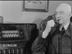 1948: RADIO COMMERCIAL: PAN Elder male sitting next to console radio smoking pipe, SOT Coke ads. Young adult woman (mother) in kitchen by radio holding string beans. Young adult upscale lifestyle female sitting on couch holding Coke bottle. Instructional Video