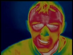 Thermographic image, CU man eats and drinks, identical shots with info bar on DB 302 Stock Footage
