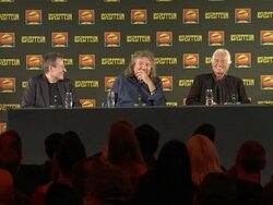 INTERVIEW: Robert Plant, Jimmy Page on if they had to correct any of their songs at the O2 at Led Zeppelin Celebration Day Press Conference on September 21, 2012 in London, England (Footage by WireImage Video/Getty Images) Stock Footage