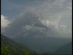 WA Volcano Eruption scenic, view down valley with erupting Mount Tunguragua in the distance, Ecuador Stock Footage