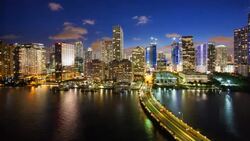 View from Brickell Key, a small island covered in apartment towers, towards the Miami skyline, Miami, Florida, USA - Time lapse Stock Footage