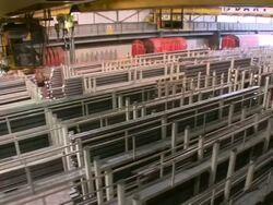 WS POV View of steel channels in store at Hoesch-Schwerte / Schwerte, Rhineland-Palatinate, Germany Stock Footage
