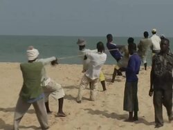 Reverse Mid Shot Beninese fishermen hauling net Stock Footage