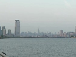 WS PAN View of Ellis Island, Manhattan and Jersey city / Jersey City, New Jersey, United States Stock Footage