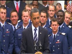 President Barack Obama presented the Commander in Chief trophy to the Air Force Academy football team on Monday. Air Force beat Army and Navy to win the trophy for the first time in eight years. (April 18) News Clip