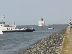 WS Ferry ship moving on Warnow river / Warnemuende near Rostock, Mecklenburg-Western Pomerania, Germany Stock Footage