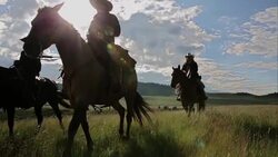 Female ranchers horseback riding in sunny remote rural field Stock Footage