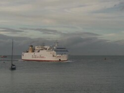 WS View of ferry at entrance of port / Ostend, Flanders, Belgium Stock Footage