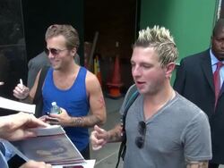 Gloriana signs for fans outside Good Morning America in New York, 07/30/12 Stock Footage