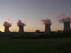 WS Cooling towers of power station against sunset / Cattenom, Lorraine Mosel, FRANCE Stock Footage