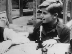 Boys play with microscope Stock Footage