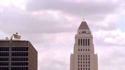 zoom out from Los Angeles City Hall to Grand Park and Grand Avenue Stock Footage