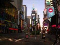 Medium Long Shot static - A creature with unusual adaptations roams through Times Square in a computer-generated animation. / New York City, New York, USA Stock Footage