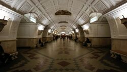 Belorusskaya Metro station beneath ceiling panels depicting Belarussian life, Moscow, Russia - Time lapse Stock Footage