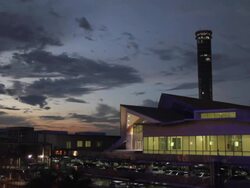 Air traffic control tower and parking lot. Stock Footage