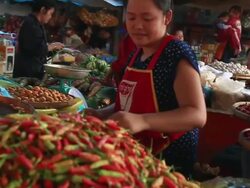 MS POV SLO MO Woman vendor sitting in indoor market with trays full of red peppers / Vientiane, Laos Stock Footage