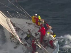 Brokenwood, the 54ft yacht sailed by Sailors with Disabilities in the 2009 Sydney to Hobart Yacht Race. Skippered by David Pescud, Australia Stock Footage