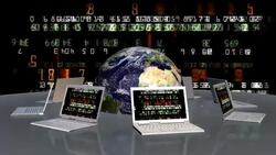 An animated globe of the Earth revolves revolves in the middle of several laptops as data scrolls by. Stock Footage