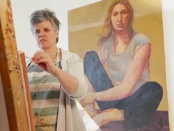 MS TU TD Woman artist painting in her studio / Lamy, New Mexico, United States Stock Footage