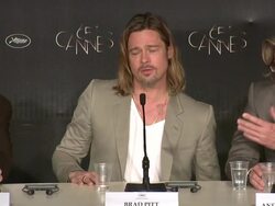 INTERVIEW: Brad Pitt on Angelina Jolie preparing for another film, wanting to work together, coincidental that it's during the Presidental elections, being in Chicago when Obama won at Killing Them Softly Press Conference: 65th Cannes Film Festival on May  Stock Footage