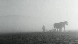1942 MONTAGE Farmers working fields with horse-drawn plows, tractors, and hand tools / United Kingdom Stock Footage