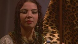 Cleopatra sits near a man wearing a cheetah print robe. Stock Footage