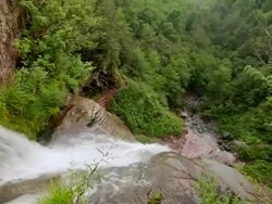 WS TU View of Katterskill Creek at top of Katterskill falls at misty / Haines Falls, New York, United States Stock Footage