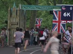 ATMOSPHERE: Participants at Central Park Celebrates Queen Elizabeth II's Diamond Jubilee With The Great British Run on 31 May Stock Footage