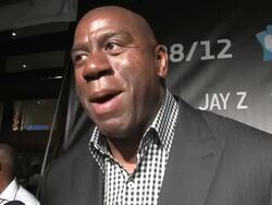 Magic Johnson speaks at the Barclays Opener Stock Footage