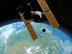 WS View of Hubble Space Telescope passes to disappear out of shot, against Earth, Pre 2002 of Telescope (with the older solar panel array) Stock Footage