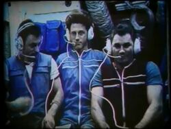 1997 medium shot 3 astronauts aboard Mir space station Stock Footage