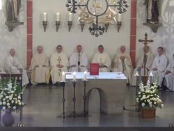 MS Shot of catholic mass at curch St. Marien Saarburg-Beurig, with cardinal Meisner, Cologne / Saarburg, Rhineland Palatinate, Germany Stock Footage