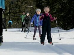 MS Husband and wife skiing with her childern on icy landscape / Whistler, BC, Canada   Stock Footage