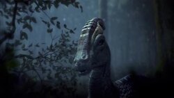 A computer animation illustrates the skull of a Parasaurolophus dinosaur in a rainy forest. Stock Footage