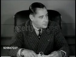 1947: U.S. TREASURY: ASSISTANT SECRETARY OF STATE: MS Edward H. Foley Jr. (unconfirmed) at table in meeting w/ heads of various Treasury departments. CU Foley talking. MS Men at table. CU Harney (possibly Malachi Harney, unconfirmed). Washington D.C. Instructional Video