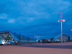 T/L WS London Olympic Park dusk to night Stock Footage