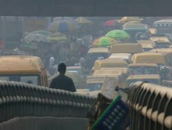 MS Shot of freeway with pedestrian coming / Lagos, Nigeria Stock Footage