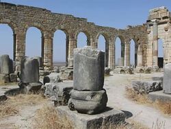 MS Shot of Arch of Volubilis ruins / Volubilis, Morocco Stock Footage