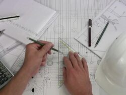Engineer drawing on blue print Stock Footage