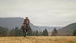 SLO MO Cowboy riding a galloping horse across mountain meadow Stock Footage