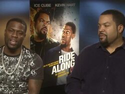 Kevin Hart and Ice Cube on stunts and working with Laurence Fishburne at 'Ride Along' Interviews Stock Footage