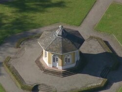 MS AERIAL Shot over historic structure / Karlsruhe, Baden Wurttemberg, Germany Stock Footage