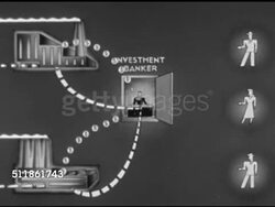 1946: ANIMATED ILLUSTRATION: Investment banker 'dollars' funding industry, Investment banker obtaining funds, 'dollars' from people, investors. Instructional Video