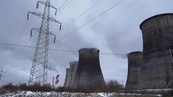 Electric pylon near power plant Stock Footage