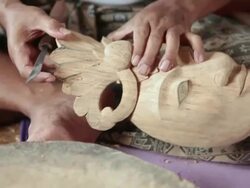 CU Man making wooden mask / Mas, Bali/Gianyar/Ubud, Indonesia Stock Footage